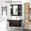 A bathroom vanity with a mirror, sink, and cabinet, along with a towel rack and toilet. There are also icons and text on the right side of the image suggesting storage uses. Produktbild-Vorschau