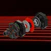 An exploded view of a steering wheel and pedal set, with components separated and arranged in layers against a black background with red horizontal lines. Anteprima dell’immagine prodotto