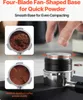 A close-up image showing coffee grounds in a portafilter and a coffee tamper being used. Voir les images du produit