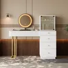A modern white vanity table with a lighted mirror and a cabinet with glass doors, set against a textured beige wall. Anteprima dell’immagine prodotto
