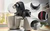 A Bosch kitchen robot with close-up views of its controls and branding, set in a kitchen environment. Náhled obrázku produktu