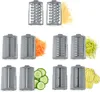 A collage of different attachments for a food processor or slicer, with examples of shredded and sliced vegetables and cheese. Produktbild-Vorschau