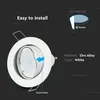 A marketing image showing a white recessed spotlight with text and diagrams. Voir les images du produit