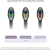 Three different toothbrush heads are displayed with labels indicating their function. Produktbild-Vorschau