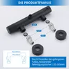 A black shower faucet assembly with various connectors and rubber seals, along with a diagram showing installation dimensions. Podgląd zdjęcia produktu