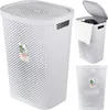 A collage of a white laundry basket with a perforated design, showing it closed and open with laundry inside. Náhľad obrázku produktu