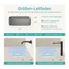 A diagram showing the dimensions and installation guidance for a ceramic basin, with two illustrations of faucet compatibility. Produktbild-Vorschau