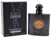 Yves Saint Laurent Black Opium Eau de Parfum Intense, schwarzer glitzernder Flakon mit kupferfarbenem Etikett und schwarzer Box mit blauen Glitzerdetails. Náhled obrázku produktu