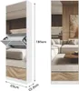 A collage showing a tall, slim white cabinet with mirrored doors and internal shelves, alongside a room scene reflected in the mirrored surfaces. Produktbild-Vorschau