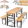 A set of wooden picnic tables and benches, along with mounting hardware and an umbrella, displayed against a white background. Produktbild-Vorschau