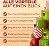 A stack of colorful wooden cubes, some decorated with Christmas motifs and numbers, with text listing product features. Produktbild-Vorschau