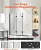A bathroom scene featuring a shower door, with text overlays highlighting product features. Podgląd zdjęcia produktu