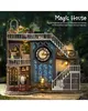 A miniature, intricately detailed model of a magical house with a large clock face and stained-glass windows, set in an outdoor, slightly blurred environment with fairy lights. Náhled obrázku produktu