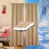 A split image showing a curtain in a warm interior on the left and a snowy exterior on the right, with a close-up of the curtain's material in the center. Produktbild-Vorschau