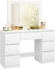 A white vanity table with a lighted mirror and various makeup items on top. Produktbild-Vorschau