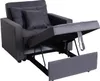 A dark gray sofa bed is shown with its footrest extended and a storage compartment open. Produktbild-Vorschau