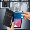 A person is inserting a credit card into a wallet-style phone case, with a close-up of the phone's camera lens protection in the upper left corner. Produktbild-Vorschau