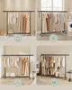 Collage of product images showing a black metal garment rack with clothes on it, in different settings and with different accessories. Náhled obrázku produktu