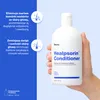 A hand holding a bottle of Dermz Healpsorin Conditioner against a blue and white background with text and icons. Podgląd zdjęcia produktu