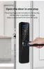 A hand is shown using a smart door lock with a keypad and fingerprint scanner. The door is slightly ajar. Produktbild-Vorschau