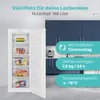 An open freezer unit displayed in a kitchen setting, with feature callouts. Produktbild-Vorschau