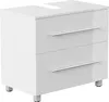A white, high-gloss bathroom vanity cabinet with two drawers and silver handles, shown from a three-quarter front view on a white background. Produktbild-Vorschau