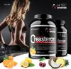A muscular woman is shown lifting weights next to a product container of HI TEC Nutrition Creasteron, with various fruits displayed at the bottom. Produktbild-Vorschau