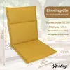 A yellow garden chair cushion is shown with dimensions and product information overlaid. Produktbild-Vorschau