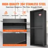 A marketing image showcasing a black stainless steel shower niche with various feature callouts. Podgląd zdjęcia produktu