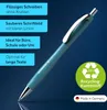 A teal ballpoint pen is shown diagonally against a dark blue background, with text boxes on the left highlighting its features and a recycling symbol on the bottom right. Produktbild-Vorschau