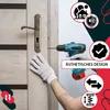 A person is installing a door handle on a wooden door, with various icons and text overlays highlighting product features. Produktbild-Vorschau
