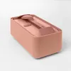 A pink lunchbox with a brown lid and cutlery set on a light gray background. Podgląd zdjęcia produktu