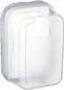 A clear, well-lit studio shot of a transparent plastic food storage container with its lid slightly ajar, set against a plain white background. Voir les images du produit