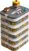 A multi-tiered storage box filled with colorful building blocks, with a small building model on top. Produktbild-Vorschau