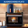 A kitchen counter with a microwave and an air fryer on a shelf above it, along with spice jars. The text 'AUSREICHEND PLATZ' is at the top. Produktbild-Vorschau