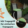 An outdoor storage box with a cushion on top, placed near a brick wall and plants. Produktbild-Vorschau
