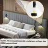 A bed with a headboard, pillows, and bedding, with a close-up inset showing a lamp with USB charging. Produktbild-Vorschau