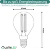 A diagram of a light bulb with dimensions and marketing text. Produktbild-Vorschau