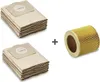 A stack of beige vacuum cleaner bags and a yellow cylindrical filter are shown against a white background. Produktbild-Vorschau