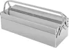 A silver, multi-layered, foldable toolbox with a handle, shown from a slightly elevated side angle on a white background. Podgląd zdjęcia produktu