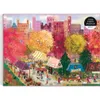 A vibrant, colorful illustration of a bustling outdoor market scene in a city during autumn, with people browsing stalls and trees displaying fall foliage. Podgląd zdjęcia produktu