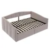A light gray upholstered bed frame with a slatted mattress base is shown from a slightly elevated, diagonal angle against a white background. Produktbild-Vorschau