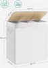 A white laundry basket with a bamboo lid, showing dimensions and capacity. Produktbild-Vorschau