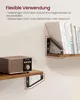 Two shelves mounted on a wall, one with a radio and the other with books. The text describes flexible usage of the shelf brackets. Produktbild-Vorschau