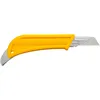 A close-up side view of a yellow and silver industrial utility knife with a curved blade. Produktbild-Vorschau