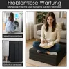 A collage showing different aspects of a foldable mattress, including its washability, storage, and use. Produktbild-Vorschau