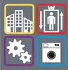 A collage of four icons representing different categories: buildings, an elevator, gears, and a washing machine. Each icon is enclosed in a colored border (yellow, red, purple, blue). Produktbild-Vorschau