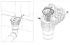 Two technical drawings of a rain downspout drain with a basket filter. Produktbild-Vorschau