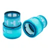 Two blue cylindrical vacuum cleaner filters are shown against a white background. One filter is standing upright and appears to be a stack of two parts. The other filter is lying on its side to the right. Produktbild-Vorschau