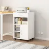 A white cabinet with shelves and a door, next to a desk with a printer on top. Produktbild-Vorschau